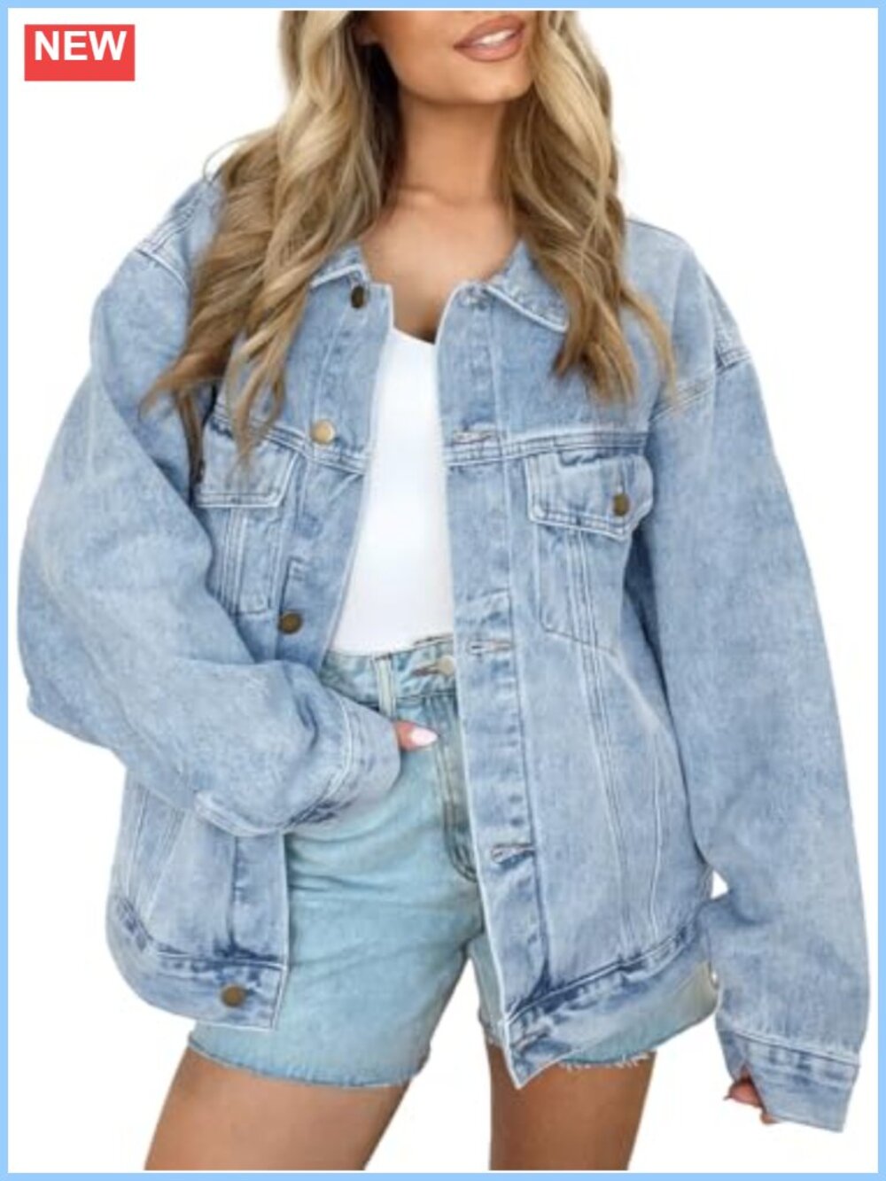 Oversized Boyfriend Denim Jacket with Pockets Button Front